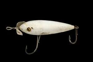 Ancien leurre de pêche en bois oeil en verre courbé sud avec deux hameçons à broche unique - Photo 1 sur 5