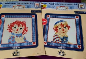 LOT of 2 Raggedy Ann & Andy Smiling Portraits DMC Needlepoint Canvas Collection - Picture 1 of 7