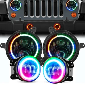 Round LED Headlights + 4" Fog Lights RGB For Jeep Wrangler JL 2018+ Gladiator JT - Picture 1 of 16