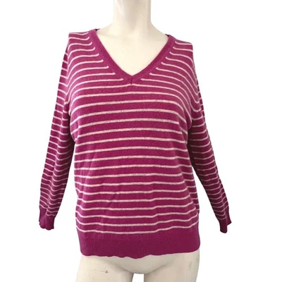 Lord Taylor Cashmere Striped V Neck Sweater Women XL Pink White Cozy Luxe Hole - Image 1 of 4