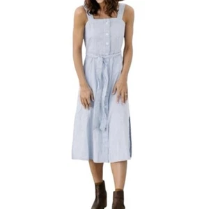 OAT New York Button Front Blue Striped Cotton Midi Dress Size Medium NWT - Picture 1 of 12