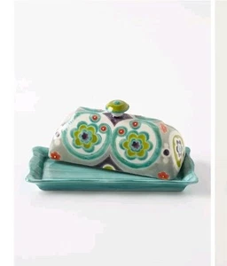 Anthropologie Okuno Lidded Butter Dish Keeper Stoneware Handpainted Boho Floral - Picture 1 of 11