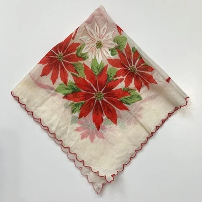 Christmas Wedding Bridesmaid Handkerchief Linen Poinsettia Holiday Vintage - Image 1 of 4