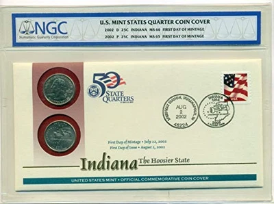 2002 P & D Indiana State Quarters Official First Day Cover MS65/MS66 NGC - Image 1 of 3