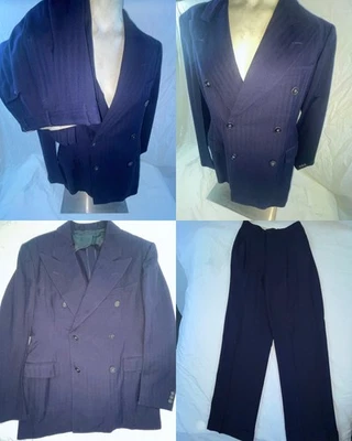 VTG 50S MEN 40 BLUE HERRINGBONE STRIPE DOUBLE BREASTED SUIT WOOL JACKET PANTS - Image 1 of 4