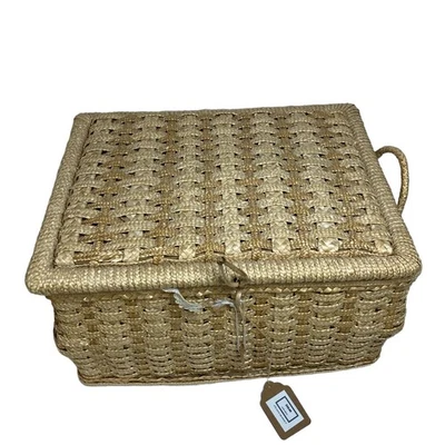 Basket Rectangular Rattan Brown Woven Lid Handle on Side Minimalist Boho - Image 1 of 4