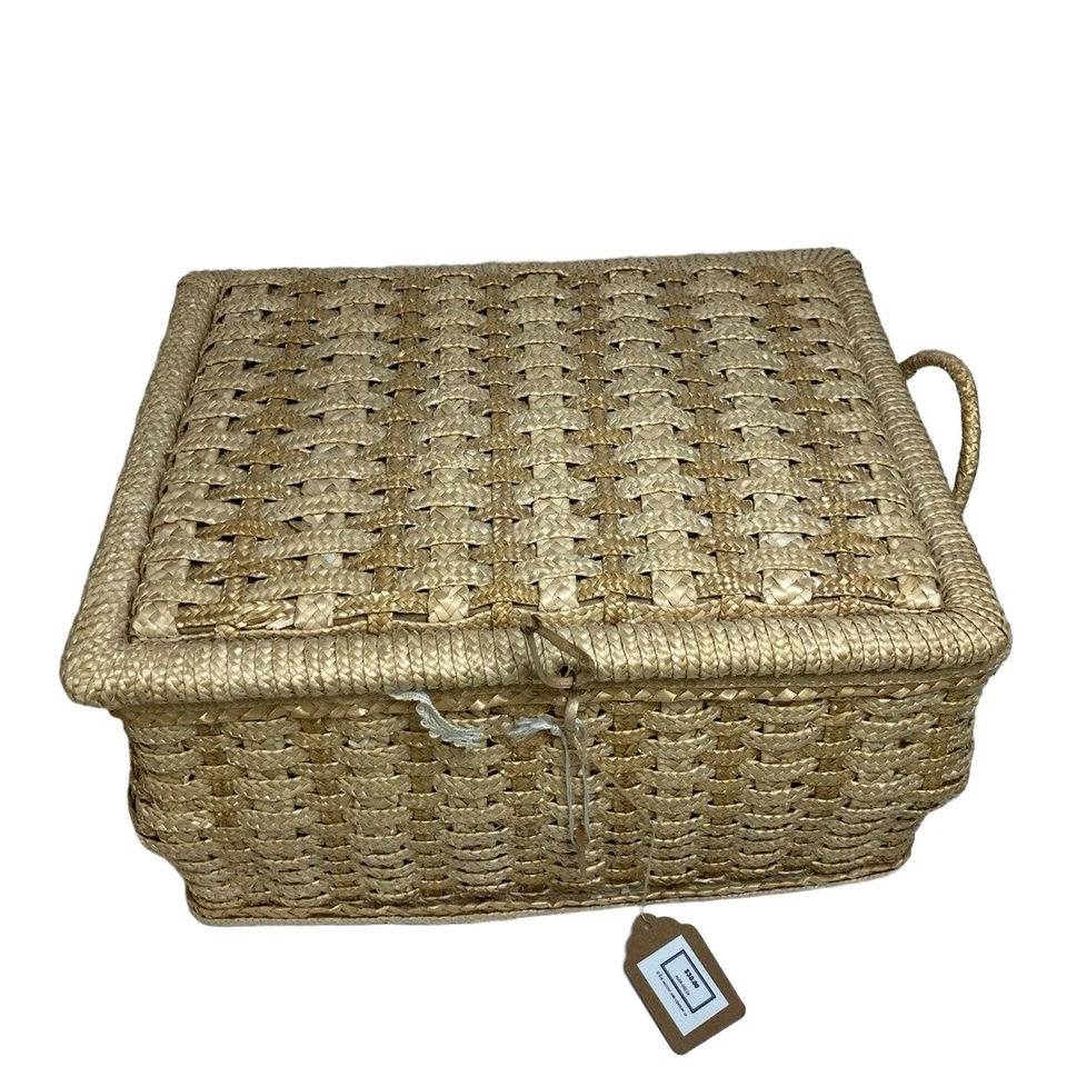 Basket Rectangular Rattan Brown Woven Lid Handle on Side Minimalist Boho - Image 1 of 4