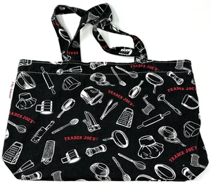 Trader Joes Black Utensils Canvas Fabric Shopping Bag Tote White Print USA Used - Picture 1 of 12