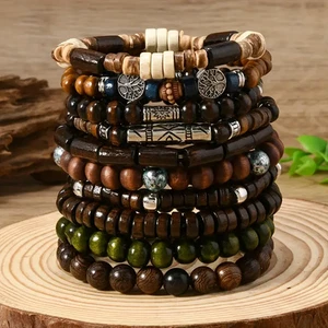 10er Set elastische Armbänder mit Holzperlen – Unisex – Boho / Festival Style - Bild 1 von 1