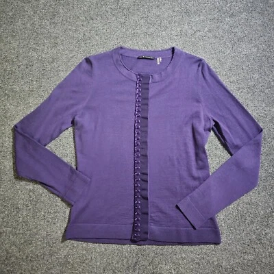 Elie Tahari 开衫毛衣女式小号紫色美利奴羊毛纽扣职业休闲 — 第 1/4 张图片