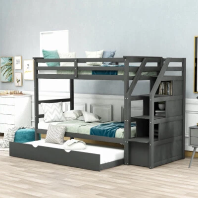 Solid Wood Bunk Bed with Trundle Platform Bed Frames Daybed For Home School Dorm - Image 1 of 4