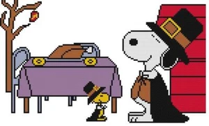 CROSS STITCH+ CRAFT PATTERN Snoopy Dog Woodstock Thanksgiving Dinner Pilgrim - Picture 1 of 14