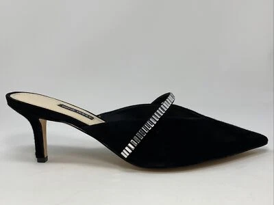 Nine West 9 M Slip On Mules Kitten Heel Pointy Toe Black Suede Rhinestone Strap - Image 1 of 4