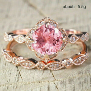 Filled Rings Rose Sapphire 2pcs/set Wedding Pink Gold Size Women Gorgeous 44357