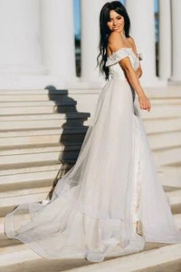 Bohemian wedding dress Romantic bridal gown Sparkly gown Off shoulder dress Lace - Picture 1 of 12