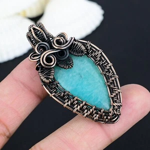 Natural Amazonite Gemstone Leaf Pendant Copper Wire Wrapped Pendant Gift For Her - Picture 1 of 4