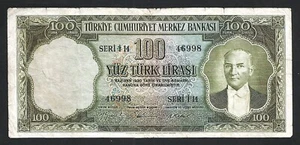 Turkey 100 Lira 1956, aVF, P-168a, Prefix I14, Rare Type - Picture 1 of 4