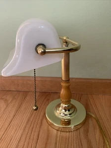 STRATFORD COLLECTION Brass Finish Bankers Lamp Wood Accent & Opal Glass Shade - Picture 1 of 11