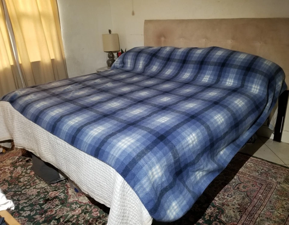 LL Bean Virgin Wool Blanket White Blue Plaid Tartan 100" / 86" King Excellent - Image 1 of 4