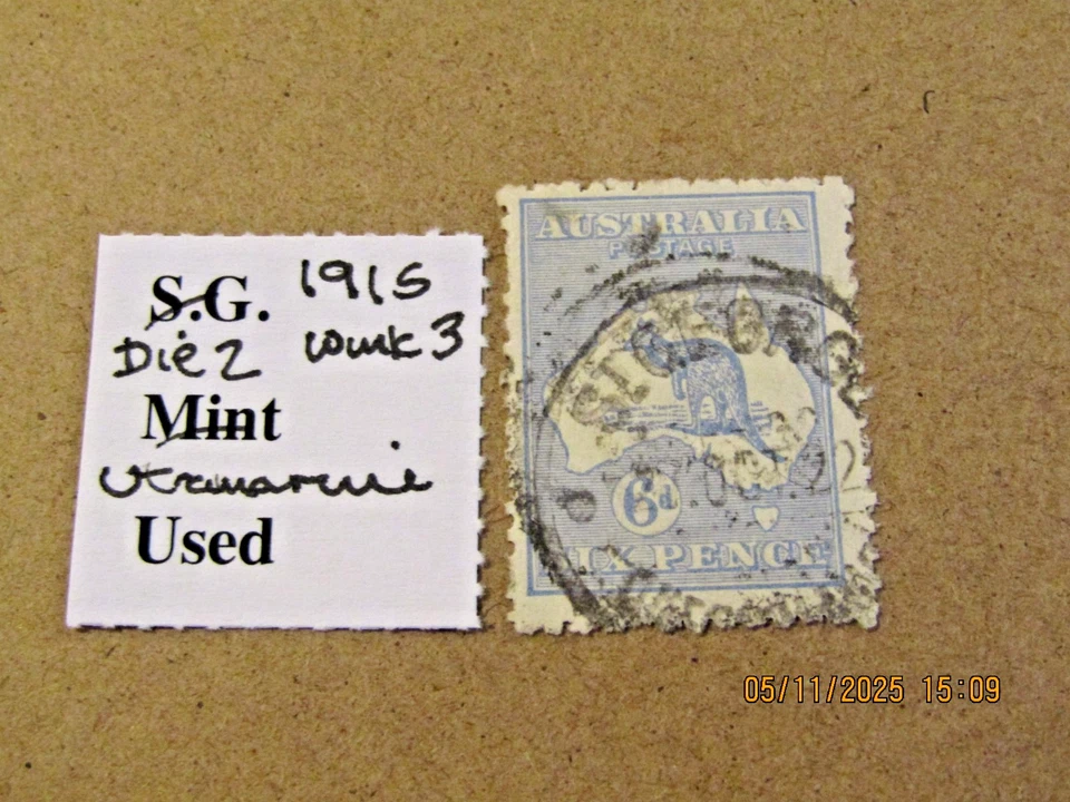AUSTRALIA SG 38 KANGAROO 6d ULTRAMARINE DIE 2 WMK 3/SG No6a WMK - Image 1 of 1