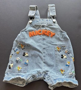 Baby Mickey Disney Denim Overalls Shorts Size 12 Months 100% Cotton Embroidered - Picture 1 of 15