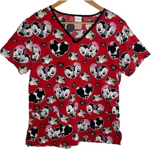 Disney Scrub Top Mickey And Minnie Hearts Size Medium Pediatrics Red Black Pink - Picture 1 of 8