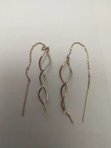 14k Yellow Gold Threader Dangle Earrings 4" Long Modern Unique Estate JCM - Picture 1 of 5