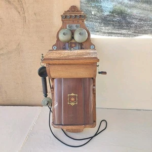 jYDSK Telefon Aktieselskab Antique Danish Wood Wall Phone Telephone 28x10in. - Bild 1 von 11