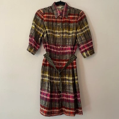 Vestido Trina Turk Rojo Marrón A Cuadros Seda Hasta la Rodilla Botones Cinturón 6/Mediano Foto 1 de 4