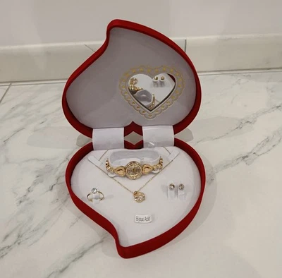 Coffret Luxe Parure Bijoux Acier Doré Pendentif Cercle et Montre Strass - Photo 1/3