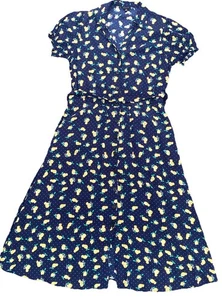 Talbots Women’s Dress All Over Lemon Print Size 10 Pockets Navy Cottagecore Midi - Picture 1 of 20