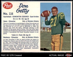 1962 Post Cereal CFL #116 Don Getty Eskimos 3 - VG - Afbeelding 1 van 2