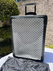 Lauren Ralph Lauren 26” Jacquard Monogram Grey Canvas Leather Rolling Suitcase - Picture 1 of 19