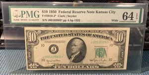 PMG Choice UNC 64 EPQ 1950 Wide $10 Kansas City Star Note Federal Reserve Note * - Picture 1 of 2
