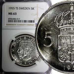 SWEDEN Gustaf VI Silver 1955 TS 5 Kronor 34 mm NGC MS63 KM# 829 (017) - Picture 1 of 5