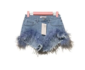 Dolls Kill Blue Marabou Denim Hot Shorts Sz S Micro Jean Slim Fit Pockets NWT - Picture 1 of 3