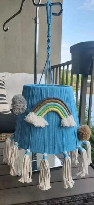 Blue Macrame Hanging Chandelier Lamp Shade,  Rainbow Pom Poms Tassels Bohemian  - Image 1 of 4