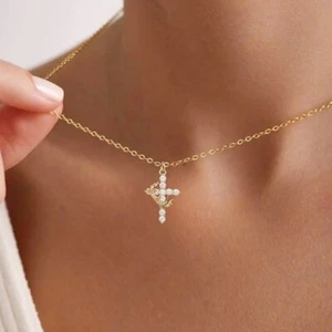 Women 14K Gold Plated Crown Cross Pendant Necklace Simple Diamond Gold Necklaces - Picture 1 of 13