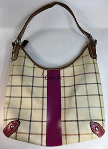 Vintage Coach White Pink Plaid Tattersall Heritage Stripe Shoulder Handbag Purse - Picture 1 of 8