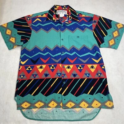 Newport Men's Medium Blue Teal / Black / Yellow Button Up Shirt Vintage 1990s — 第 1/4 张图片