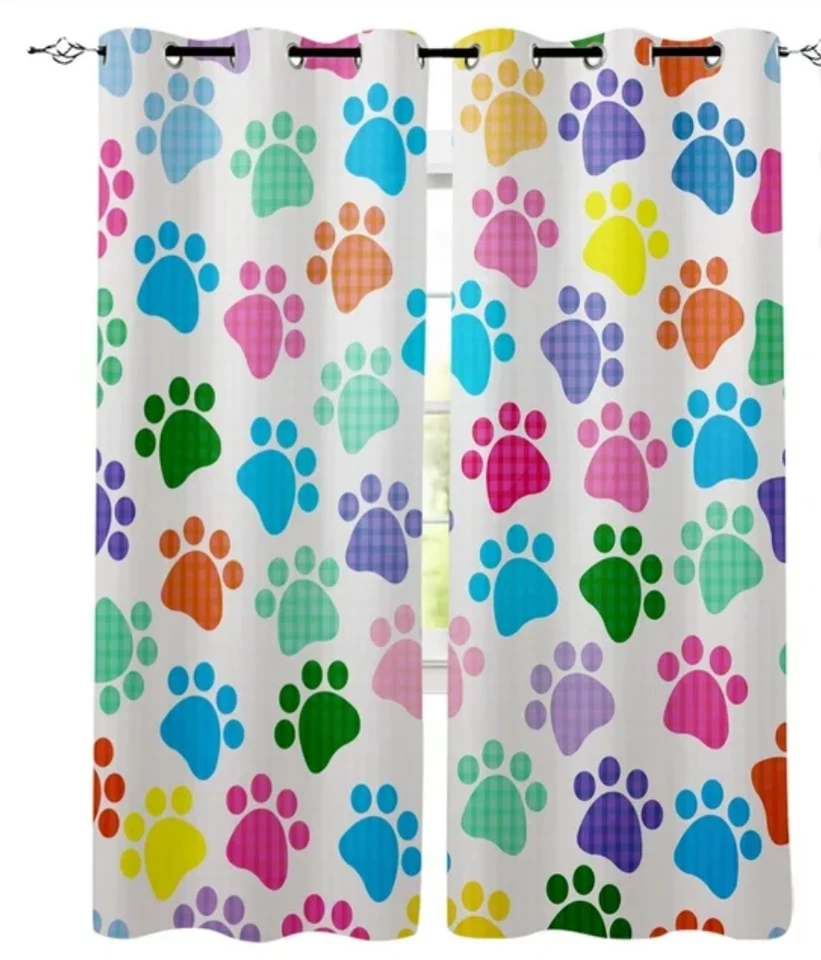 Dog Paw Print Puppy Multi Color Footprint Window Curtains Grommet Panels 52"x54" - Image 1 of 1