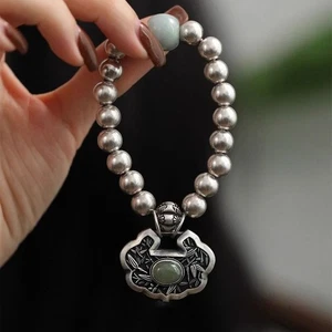 Vintage Jade Bracelet Bamboo Leaf Double Happiness Lock Beads Women Jewelry - Picture 1 of 11