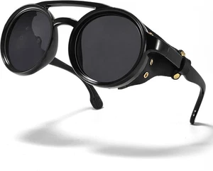 Retro Round Polarized Steampunk Sunglasses Men Women Side Shield Goggles Gothic - Picture 1 of 9
