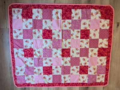 Pink Floral Quilt Comforter Handmade Fleece Backed 47x56 Kid Toddler Bed Cottage - Image 1 of 4