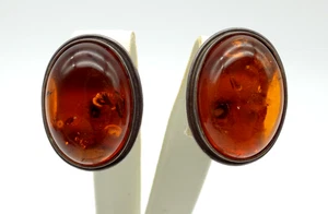 Large Sterling Silver Vintage Cognac Baltic Amber Clip on Earrings Oval - Picture 1 of 7