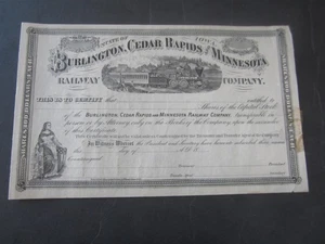 1870's BURLINGTON CEDAR RAPIDS AND MINN. RAILWAY Co. - Stock Certificate - IOWA - Picture 1 of 1