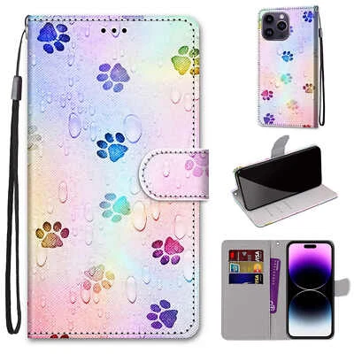 For Various Phone Cute Footprint Magnetic Card Wallet Case Bag Flip Stand Cover - Image 1 of 4
