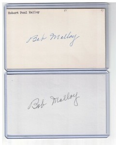 (2) BOB MALLOY INDEX CARD SIGNED 1943-49 REDS BROWNS PSA/DNA CERTIFIED 1918-2007