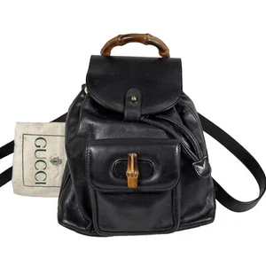 Vintage Gucci Bamboo Backpack Black Drawstring Bag Purse GG Leather Authentic - Picture 1 of 19