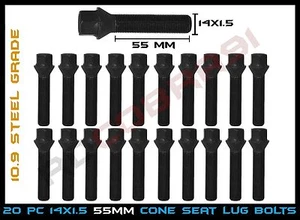 M14x1.5 55mm Shank Black Conical Seat Lug Bolts - Audi VolksWagen Mercedes Benz - Picture 1 of 3